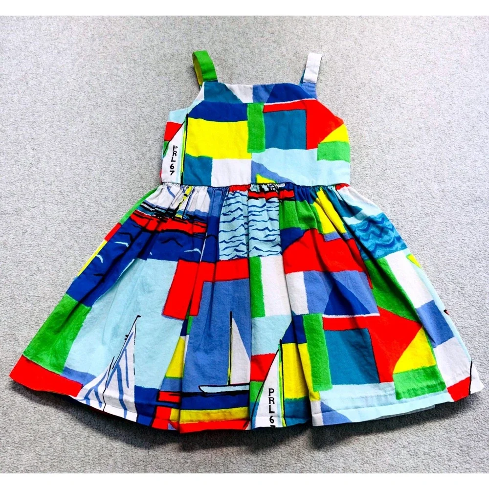 Ralph Lauren Sailboat Dress Kids 24M Multicolor Abstract Nautical Cotton PRL67